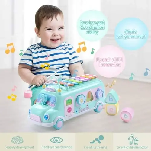 EFOSHM Bebek Okul Otobüsü Ksilofon Oyuncak 1-3 Yaş, Bebek Müzikal Otobüs Oyuncakları 1 Yaşındaki Kız Çocukları İçin, Şekil Bulmacalar Çarpma Ksilofon Eğitici Müzikal Oyuncaklar, Noel Doğum Günü Hediyeleri Erkek ve Kız Çocukları İçin - 1