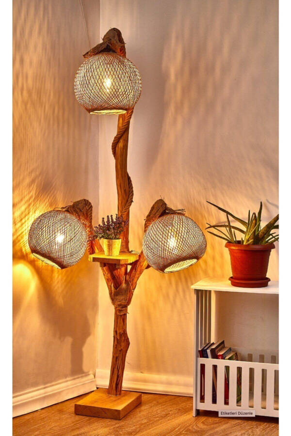 Egehome Tree Floor Lamp 140 Cm Three-Headed Halicarnassus Series Natural Wood Wooden Floor Lamp - 5