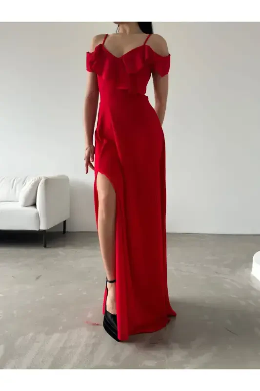 Egiluvchan Qizil Krep Mato Yirtqich Tafsilotli Ko'krak Dekolte Uzoq Kechki Va Bitiruv Liboslari 582190 699-QIZIL 699 - 1