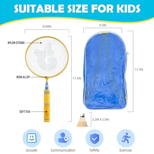 JOY SPOT! Kids Badminton Rackets Set with Soft Grip, Oversize & Lightweight Shuttlecocks Racquet with Carry Bag for Children Youth, 2 Player Sport Game for Indoor Outdoor Backyard - 4