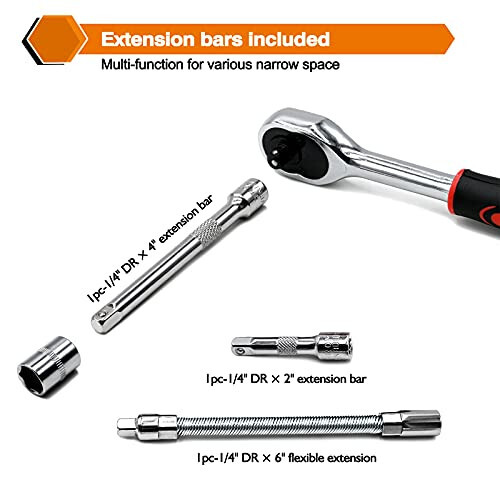 Egofine 46 Pieces 1/4 inch Drive Socket Ratchet Wrench Set, with Bit Socket Set Metric and Extension Bar for Auto Repairing and Household, with Storage Case - 4