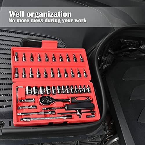 Egofine 46 Pieces 1/4 inch Drive Socket Ratchet Wrench Set, with Bit Socket Set Metric and Extension Bar for Auto Repairing and Household, with Storage Case - 5