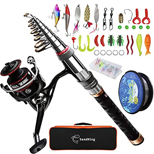 Ehowdin Fishing Pole Kit, Carbon Fiber Telescopic Fishing Rod and Reel Combo with Spinning Reel, Line, Bionic Bait, Hooks and Carrier Bag, Fishing Gear Set for Beginner Adults Saltwater Freshwater - 1