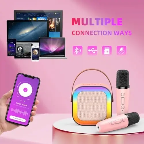 Eimterlan Karaoke Machine for Kids, Kids Karaoke Machine for Girls with 2 Wireless Microphones Mini Portable Bluetooth Speaker Kids Karaoke Machine Gifts for Girls and Boys Family Party (Pink) - 2