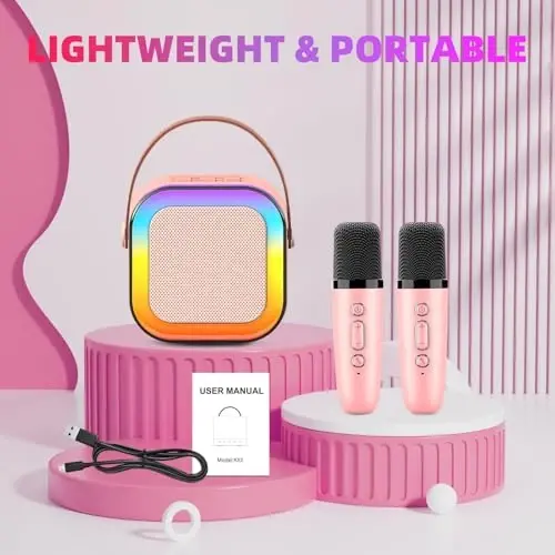 Eimterlan Karaoke Machine for Kids, Kids Karaoke Machine for Girls with 2 Wireless Microphones Mini Portable Bluetooth Speaker Kids Karaoke Machine Gifts for Girls and Boys Family Party (Pink) - 5