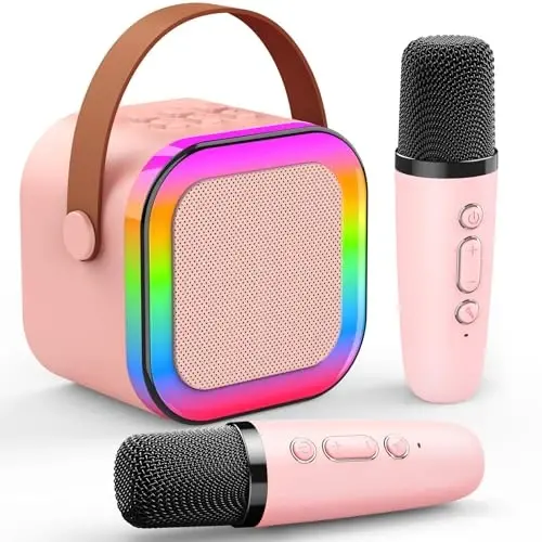 Eimterlan Karaoke Machine for Kids, Kids Karaoke Machine for Girls with 2 Wireless Microphones Mini Portable Bluetooth Speaker Kids Karaoke Machine Gifts for Girls and Boys Family Party (Pink) - 1