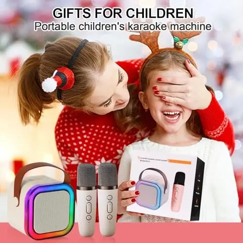Eimterlan Karaoke Machine for Kids, Kids Karaoke Machine Gifts for Girls and Boys Family Party, Kids Karaoke Machine for Girls with 2 Wireless Microphones, Mini Portable Bluetooth Speaker (Ivory) - 4