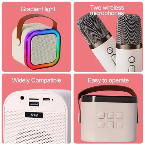 Eimterlan Karaoke Machine for Kids, Kids Karaoke Machine Gifts for Girls and Boys Family Party, Kids Karaoke Machine for Girls with 2 Wireless Microphones, Mini Portable Bluetooth Speaker (Ivory) - 2