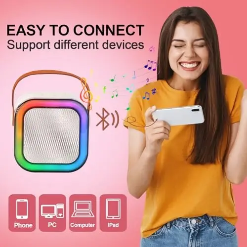 Eimterlan Karaoke Machine for Kids, Kids Karaoke Machine Gifts for Girls and Boys Family Party, Kids Karaoke Machine for Girls with 2 Wireless Microphones, Mini Portable Bluetooth Speaker (Ivory) - 6