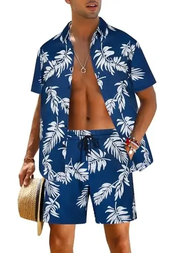 EISHOPEER Men's Flower Shirt Hawaiian Sets Casual Button Down Short Sleeve Shirt and Solid Quick Dry Beach Shorts S-3XL - EISHOPEER