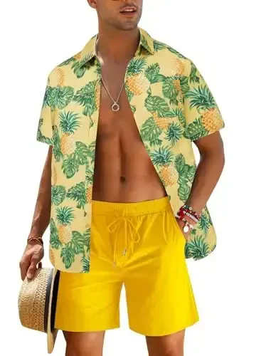 EISHOPEER Men's Flower Shirt Hawaiian Sets Casual Button Down Short Sleeve Shirt and Solid Quick Dry Beach Shorts S-3XL 