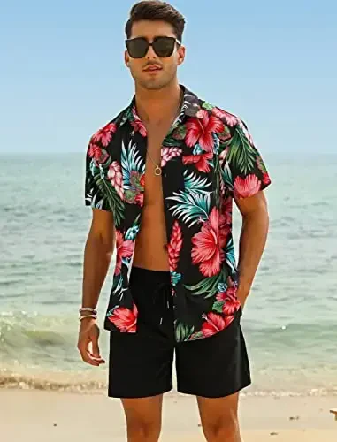 EISHOPEER Men's Flower Shirt Hawaiian Sets Casual Button Down Short Sleeve Shirt and Solid Quick Dry Beach Shorts S-3XL - EISHOPEER (1)