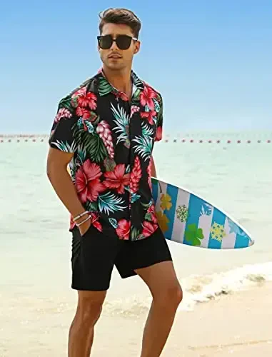 EISHOPEER Men's Flower Shirt Hawaiian Sets Casual Button Down Short Sleeve Shirt and Solid Quick Dry Beach Shorts S-3XL - 3