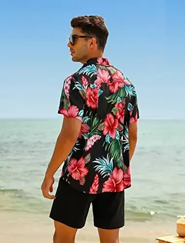 EISHOPEER Men's Flower Shirt Hawaiian Sets Casual Button Down Short Sleeve Shirt and Solid Quick Dry Beach Shorts S-3XL - 4