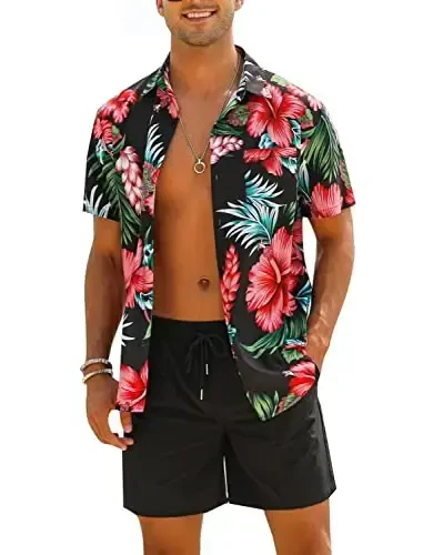 EISHOPEER Men's Flower Shirt Hawaiian Sets Casual Button Down Short Sleeve Shirt and Solid Quick Dry Beach Shorts S-3XL 