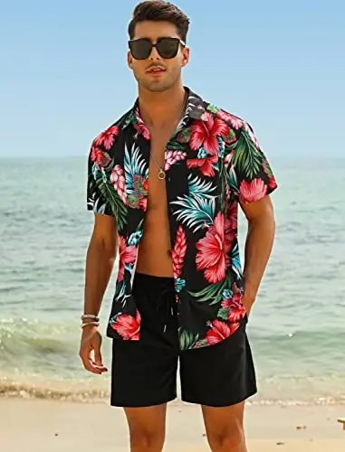 EISHOPEER Men's Flower Shirt Hawaiian Sets Casual Button Down Short Sleeve Shirt and Solid Quick Dry Beach Shorts S-3XL - EISHOPEER (1)