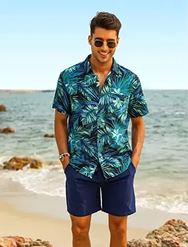 EISHOPEER Men's Flower Shirt Hawaiian Sets Casual Button Down Short Sleeve Shirt and Solid Quick Dry Beach Shorts S-3XL - EISHOPEER (1)