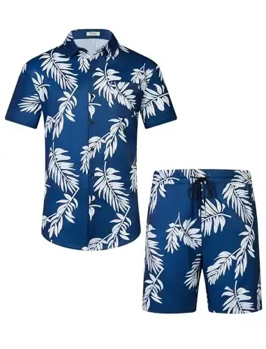 EISHOPEER Men's Flower Shirt Hawaiian Sets Casual Button Down Short Sleeve Shirt and Solid Quick Dry Beach Shorts S-3XL - 2