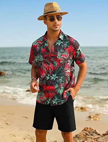 EISHOPEER Men's Flower Shirt Hawaiian Sets Casual Button Down Short Sleeve Shirt and Solid Quick Dry Beach Shorts S-3XL - EISHOPEER (1)