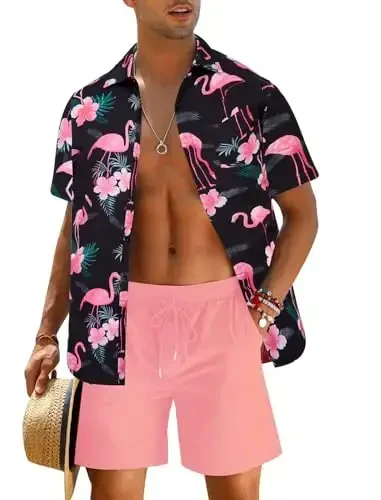 EISHOPEER Men's Flower Shirt Hawaiian Sets Casual Button Down Short Sleeve Shirt and Solid Quick Dry Beach Shorts S-3XL 
