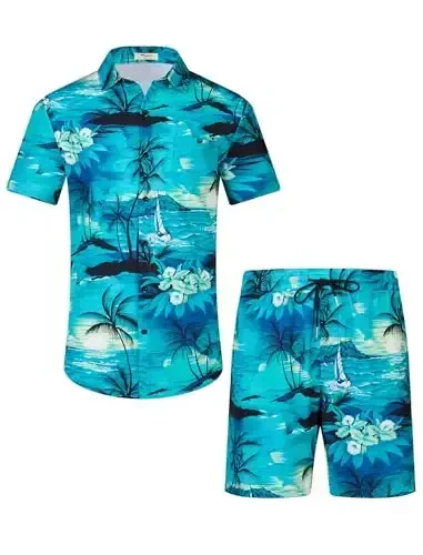 EISHOPEER Men's Flower Shirt Hawaiian Sets Casual Button Down Short Sleeve Shirt and Solid Quick Dry Beach Shorts S-3XL - EISHOPEER (1)