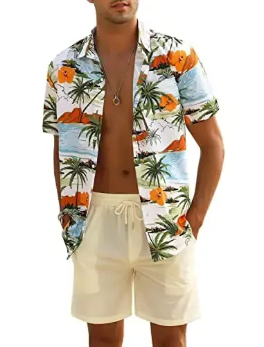 EISHOPEER Men's Flower Shirt Hawaiian Sets Casual Button Down Short Sleeve Shirt and Solid Quick Dry Beach Shorts S-3XL 