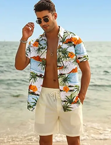 EISHOPEER Men's Flower Shirt Hawaiian Sets Casual Button Down Short Sleeve Shirt and Solid Quick Dry Beach Shorts S-3XL - EISHOPEER (1)