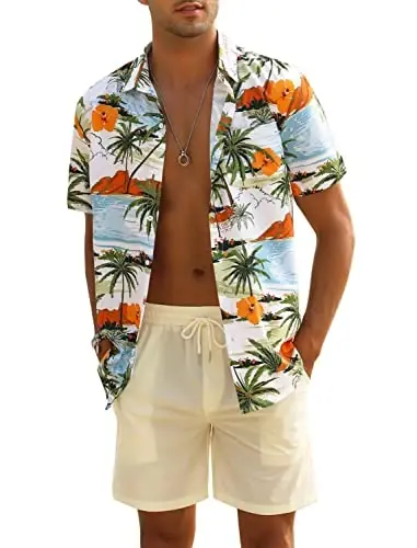 EISHOPEER Men's Flower Shirt Hawaiian Sets Casual Button Down Short Sleeve Shirt and Solid Quick Dry Beach Shorts S-3XL - EISHOPEER