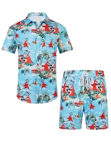 EISHOPEER Men's Flower Shirt Hawaiian Sets Casual Button Down Short Sleeve Shirt and Solid Quick Dry Beach Shorts S-3XL - EISHOPEER (1)