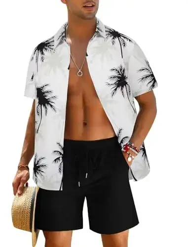 EISHOPEER Men's Flower Shirt Hawaiian Sets Casual Button Down Short Sleeve Shirt and Solid Quick Dry Beach Shorts S-3XL - EISHOPEER