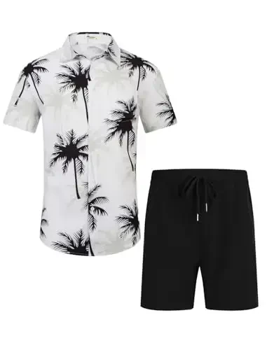 EISHOPEER Men's Flower Shirt Hawaiian Sets Casual Button Down Short Sleeve Shirt and Solid Quick Dry Beach Shorts S-3XL - EISHOPEER (1)
