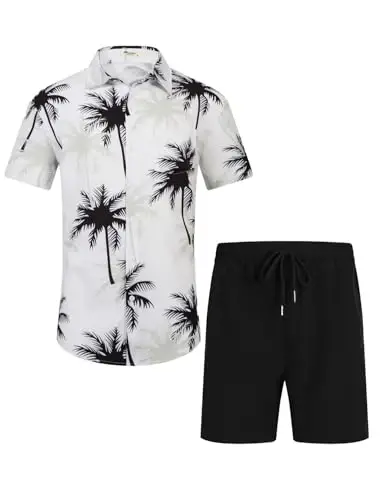 EISHOPEER Men's Flower Shirt Hawaiian Sets Casual Button Down Short Sleeve Shirt and Solid Quick Dry Beach Shorts S-3XL - 2