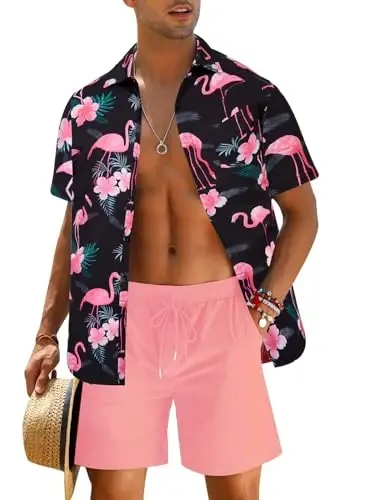 EISHOPEER Men's Flower Shirt Hawaiian Sets Casual Button Down Short Sleeve Shirt and Solid Quick Dry Beach Shorts S-3XL - 1