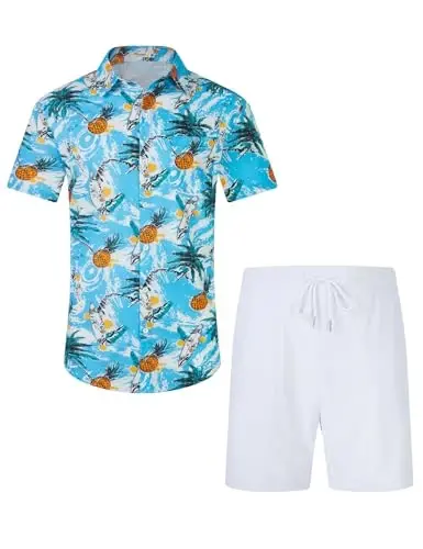EISHOPEER Men's Flower Shirt Hawaiian Sets Casual Button Down Short Sleeve Shirt and Solid Quick Dry Beach Shorts S-3XL - 5