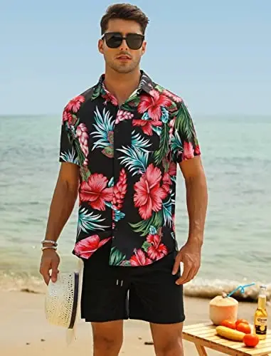 EISHOPEER Men's Flower Shirt Hawaiian Sets Casual Button Down Short Sleeve Shirt and Solid Quick Dry Beach Shorts S-3XL - 2