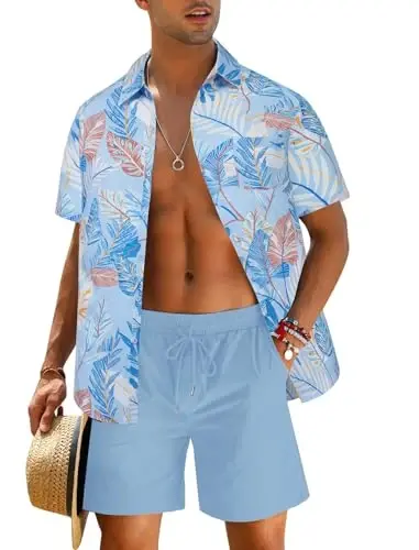EISHOPEER Men's Flower Shirt Hawaiian Sets Casual Button Down Short Sleeve Shirt and Solid Quick Dry Beach Shorts S-3XL 