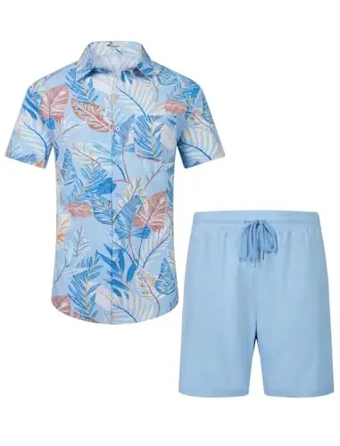 EISHOPEER Men's Flower Shirt Hawaiian Sets Casual Button Down Short Sleeve Shirt and Solid Quick Dry Beach Shorts S-3XL - 2