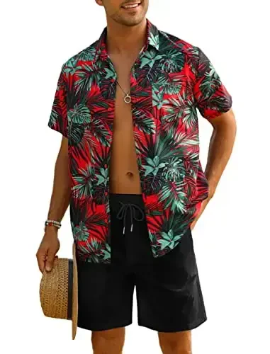 EISHOPEER Men's Flower Shirt Hawaiian Sets Casual Button Down Short Sleeve Shirt and Solid Quick Dry Beach Shorts S-3XL - 1