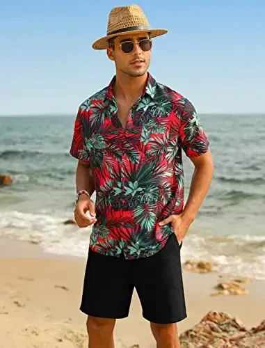 EISHOPEER Men's Flower Shirt Hawaiian Sets Casual Button Down Short Sleeve Shirt and Solid Quick Dry Beach Shorts S-3XL - 2