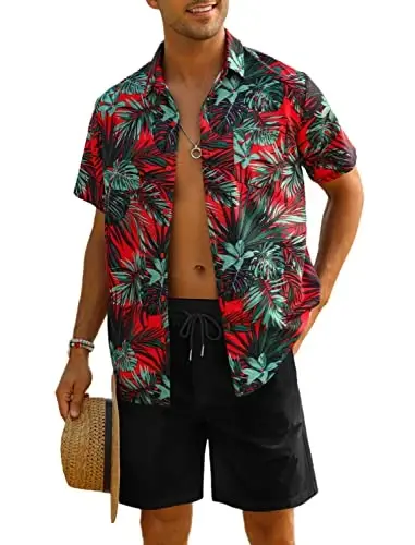 EISHOPEER Men's Flower Shirt Hawaiian Sets Casual Button Down Short Sleeve Shirt and Solid Quick Dry Beach Shorts S-3XL 