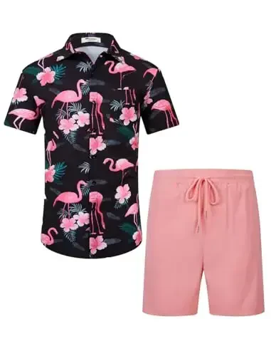 EISHOPEER Men's Flower Shirt Hawaiian Sets Casual Button Down Short Sleeve Shirt and Solid Quick Dry Beach Shorts S-3XL - EISHOPEER (1)