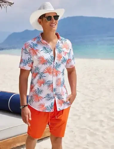 EISHOPEER Men's Flower Shirt Hawaiian Sets Casual Button Down Short Sleeve Shirt and Solid Quick Dry Beach Shorts S-3XL - 2