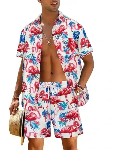 EISHOPEER Men's Flower Shirt Hawaiian Sets Casual Button Down Short Sleeve Shirt and Solid Quick Dry Beach Shorts S-3XL - EISHOPEER