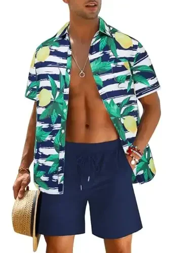 EISHOPEER Men's Flower Shirt Hawaiian Sets Casual Button Down Short Sleeve Shirt and Solid Quick Dry Beach Shorts S-3XL - EISHOPEER
