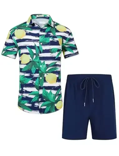 EISHOPEER Men's Flower Shirt Hawaiian Sets Casual Button Down Short Sleeve Shirt and Solid Quick Dry Beach Shorts S-3XL - EISHOPEER (1)