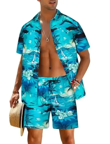 EISHOPEER Men's Flower Shirt Hawaiian Sets Casual Button Down Short Sleeve Shirt and Solid Quick Dry Beach Shorts S-3XL - EISHOPEER