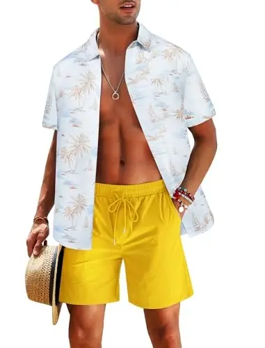EISHOPEER Men's Flower Shirt Hawaiian Sets Casual Button Down Short Sleeve Shirt and Solid Quick Dry Beach Shorts S-3XL - EISHOPEER