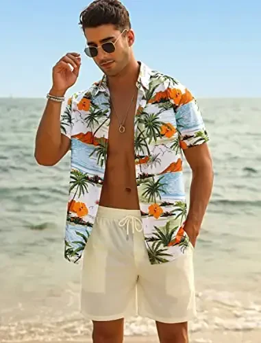 EISHOPEER Men's Flower Shirt Hawaiian Sets Casual Button Down Short Sleeve Shirt and Solid Quick Dry Beach Shorts S-3XL - EISHOPEER (1)