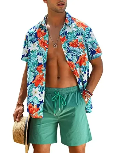 EISHOPEER Men's Flower Shirt Hawaiian Sets Casual Button Down Short Sleeve Shirt and Solid Quick Dry Beach Shorts S-3XL 