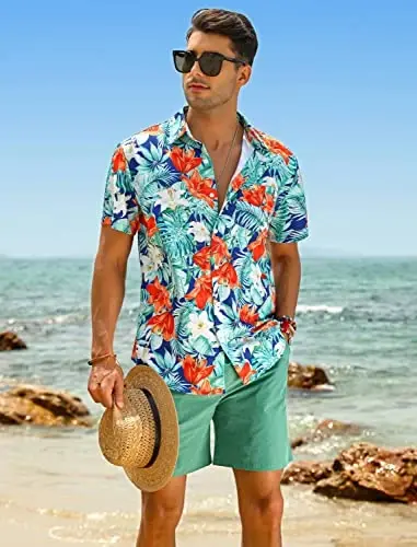 EISHOPEER Men's Flower Shirt Hawaiian Sets Casual Button Down Short Sleeve Shirt and Solid Quick Dry Beach Shorts S-3XL - 2
